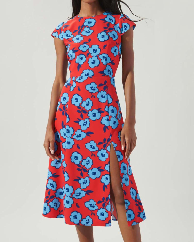 Front of a model wearing a size L Mira Mar Floral Cutout Midi Dress In Red/Blue in Red/Blue by SugarLips. | dia_product_style_image_id:344715